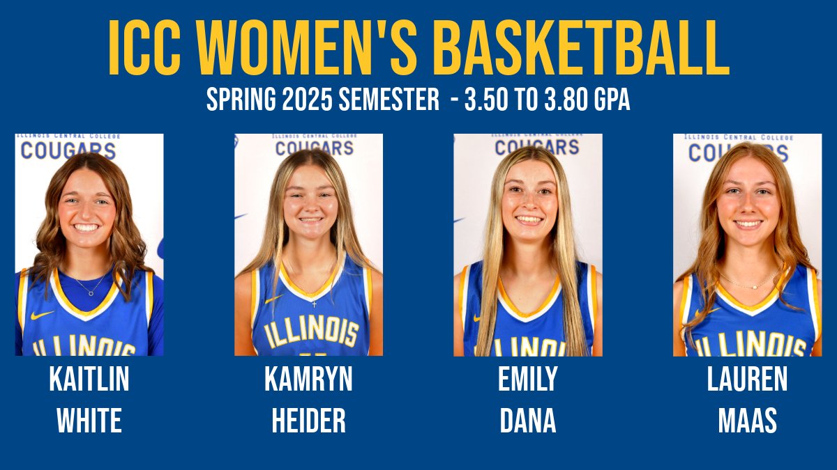 ICC Women’s Basketball (@icc_cougarswbb) on Twitter photo Wrapping up our academic recognition with our 24-25 team members that achieved a 3.50 to 3.80 GPA for the Spring '25 Semester!
<a href="/kaitlin_white3/">Kaitlin White</a> <a href="/KamrynHeider/">Kamryn Heider</a> <a href="/Emilydana1616/">Emily</a> <a href="/maas_lauren18/">Lauren Maas</a> Wrapping up our academic recognition with our 24-25 team members that achieved a 3.50 to 3.80 GPA for the Spring '25 Semester!
<a href="/kaitlin_white3/">Kaitlin White</a> <a href="/KamrynHeider/">Kamryn Heider</a> <a href="/Emilydana1616/">Emily</a> <a href="/maas_lauren18/">Lauren Maas</a>