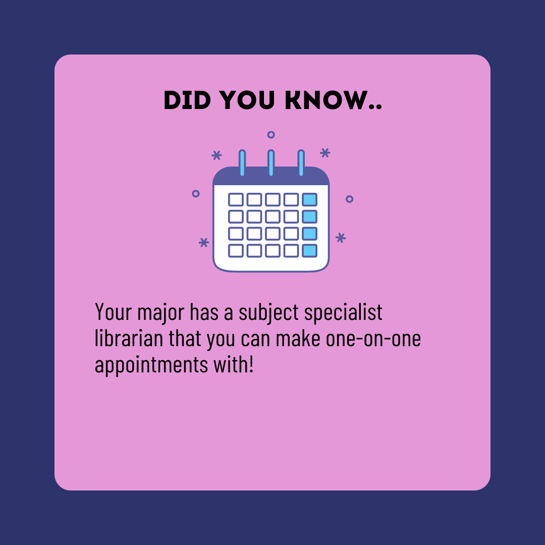 If you are taking summer classes, don't forget you can make one-on-one appointments with your subject specialist librarian! Find your major's subject specialist and make an in-person or virtual appointment to get help with research: hubs.ly/Q03pdPJP0