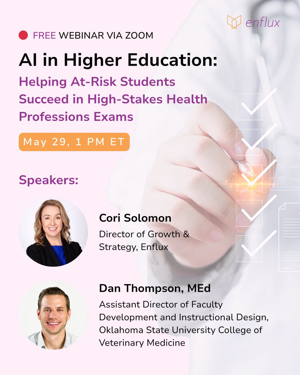 EnfluxEDU's tweet image. 🎟️ Backstage pass to AI-powered remediation—real results, zero extra work.

Join Dan Thompson and Cori Solomon-Santone to see how your course materials can work harder for your students: hubs.ly/Q03p9Kdv0

#HigherEd #StudentSuccess #HealthProfessionsEd #EdTech