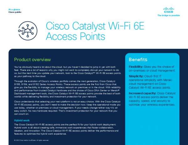 Upgrade for hybrid work with Cisco Catalyst Wi-Fi 6E access points to manage your wireless network on-prem or in the cloud. Contact DGX Security for info and to configure a Wi-Fi 6E solution. Trying this out stuf.in/bgfegu