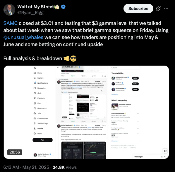 unusual_whales's tweet image. $AMC is up 20%.

Numerous Unusual Whales traders noted how $AMC traders were positioning in May and June for bets on the upside. 

For example, these $AMC $4 calls expiring 05/30/2025 are up 655%!

Congrats on those who got in.