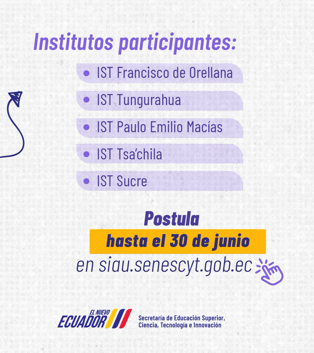 EduSuperiorEc's tweet photo. 🎓 475 docentes bachilleres del Magisterio Fiscal Ecuatoriano podrán acceder a un título técnico-tecnológico gracias a #ValidaTec.

🏫 Conoce los institutos participantes y postula del 19 de mayo al 30 de junio.

📌 Más info en 👉 https://t.co/sc48wf5MTU

#ElNuevoEcuador https://t.co/2cRfzQS15S