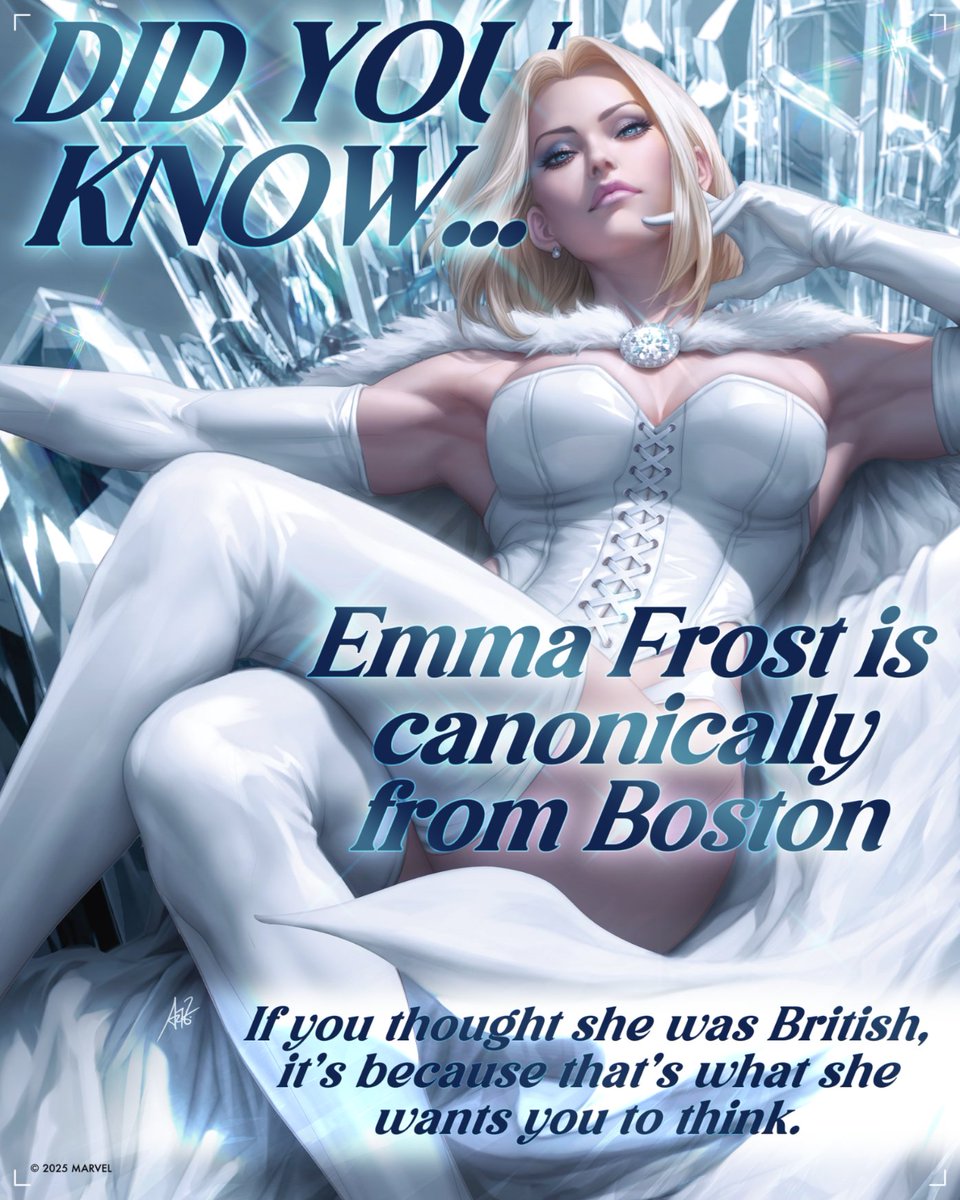 Marvel Entertainment (@marvel) on Twitter photo Emma Frost’s biggest illusion isn’t her telepathy—it’s that accent. Emma Frost’s biggest illusion isn’t her telepathy—it’s that accent.