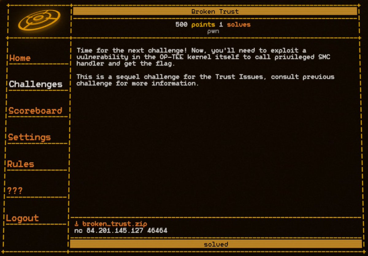 mmxsrup's tweet image. SAS CTF、1 solvesのBroken Trust（OP-TEE pwn）解けてよかった