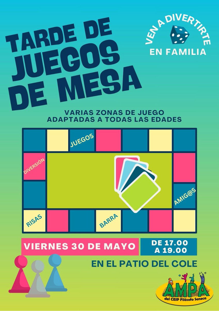 Hemos organizado una tarde muy especial llena de juegos, risas y diversión en familia. 

📅 Viernes 30 de mayo
🕔 De 17:00 a 19:00
📍 En el patio del cole

Hemos preparado varias zonas de juegos de mesa adaptadas a todas las edades, para que peques y mayores disfrutemos juntos.