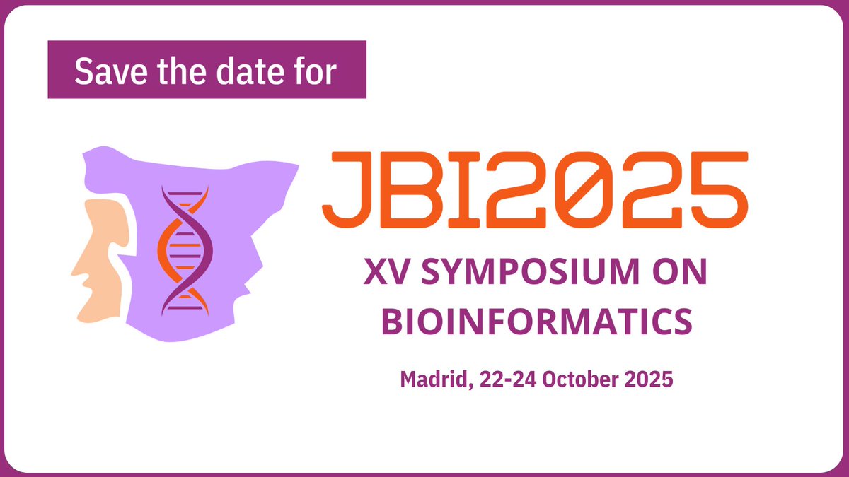 Centro Nacional de Biotecnología (CSIC) (@cnb_csic) on Twitter photo 📢Save the date for the XV Symposium on Bioinformatics #JBI2025!
🗓️22-24 October 2025
📍ETSII-UPM, Madrid
JBI2025 is jointly organised by #CNB_CSIC and <a href="/CNIOStopCancer/">CNIO Stop Cancer</a> with the support of <a href="/INB_Official/">INB / ELIXIR-ES</a>, <a href="/BioDataPT/">BioData.pt</a> and <a href="/instructhub/">Instruct-ERIC</a> (Spain)
ℹ️More info👇
jbi2025.cnb.csic.es/registration 📢Save the date for the XV Symposium on Bioinformatics #JBI2025!
🗓️22-24 October 2025
📍ETSII-UPM, Madrid
JBI2025 is jointly organised by #CNB_CSIC and <a href="/CNIOStopCancer/">CNIO Stop Cancer</a> with the support of <a href="/INB_Official/">INB / ELIXIR-ES</a>, <a href="/BioDataPT/">BioData.pt</a> and <a href="/instructhub/">Instruct-ERIC</a> (Spain)
ℹ️More info👇
jbi2025.cnb.csic.es/registration