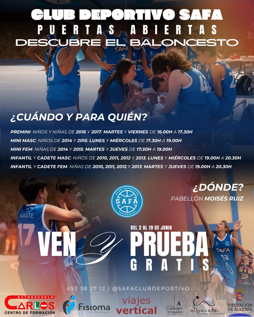 🏀✨ 𝔻𝕖𝕤𝕔𝕦𝕓𝕣𝕖 𝕖𝕝 𝕓𝕒𝕝𝕠𝕟𝕔𝕖𝕤𝕥𝕠 𝕔𝕠𝕟 𝕊𝔸𝔽𝔸 ✨🏀

📆 Del 2 al 19 de junio descubre el baloncesto con nosotros. Ven a nuestras puertas abiertas de forma totalmente 𝗴𝗿𝗮𝘁𝘂𝗶𝘁𝗮.

📍¿Dónde? ✅ Pabellón Moisés Ruiz 

#123SAFA 💙🤍

<a href="/dipalme_almeria/">Diputación Almería</a>