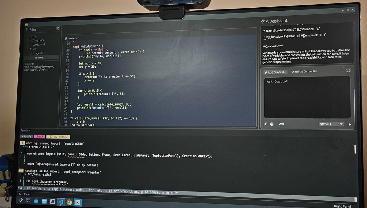 creativcoder's tweet image. Currently editing rust code of an agentic AI editor in the editor itself that was bootstrapped  from @AmpCode and @code yesterday evening.

Crazy times ahead.

Next: add LSP support and look for a possibility for adding user extensions.