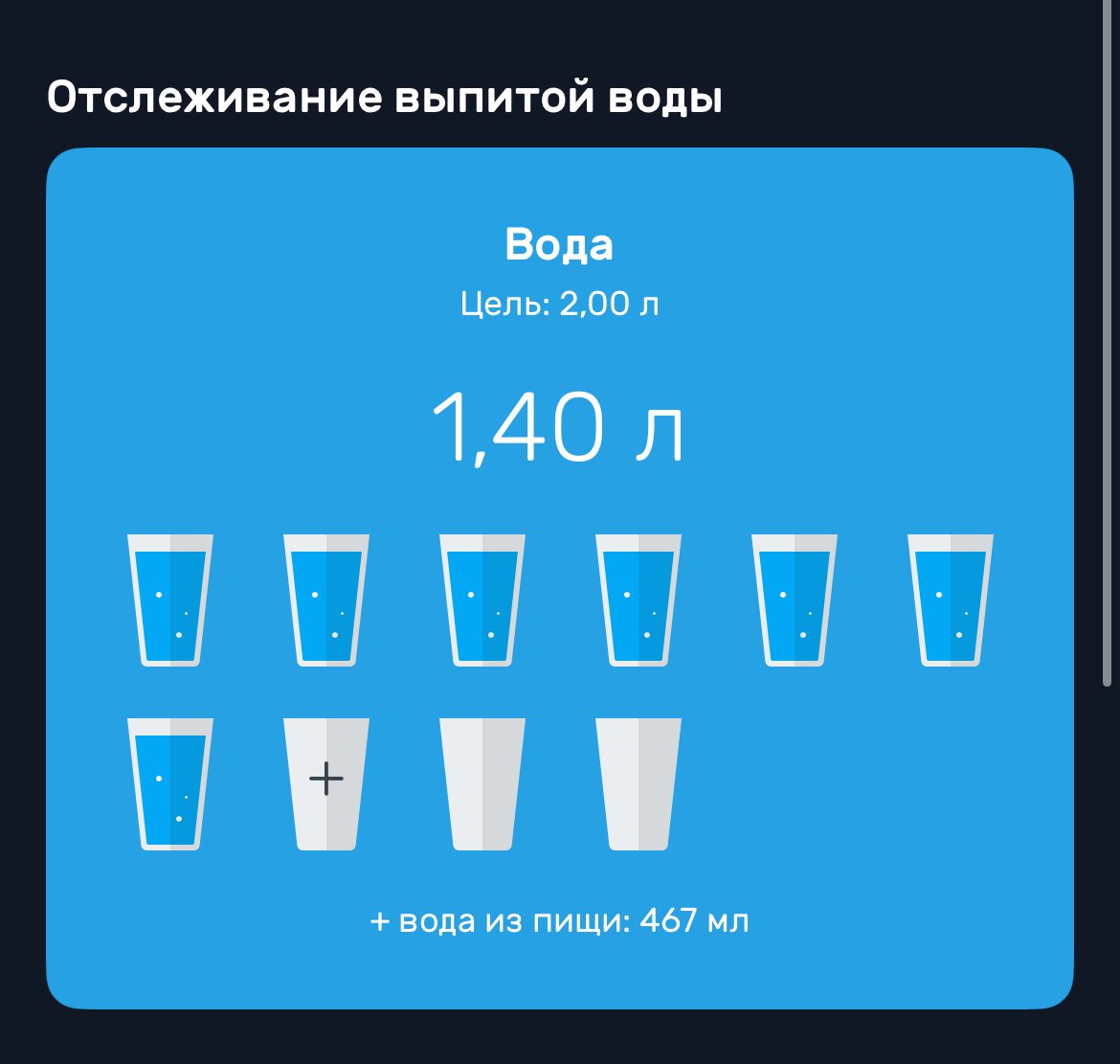 А вот это прямо хорошо, что из еды воду считает! Если принудительно воду не заставлять себя пить иногда могу вообще ограничится только кофе и парой кружек чая в день.