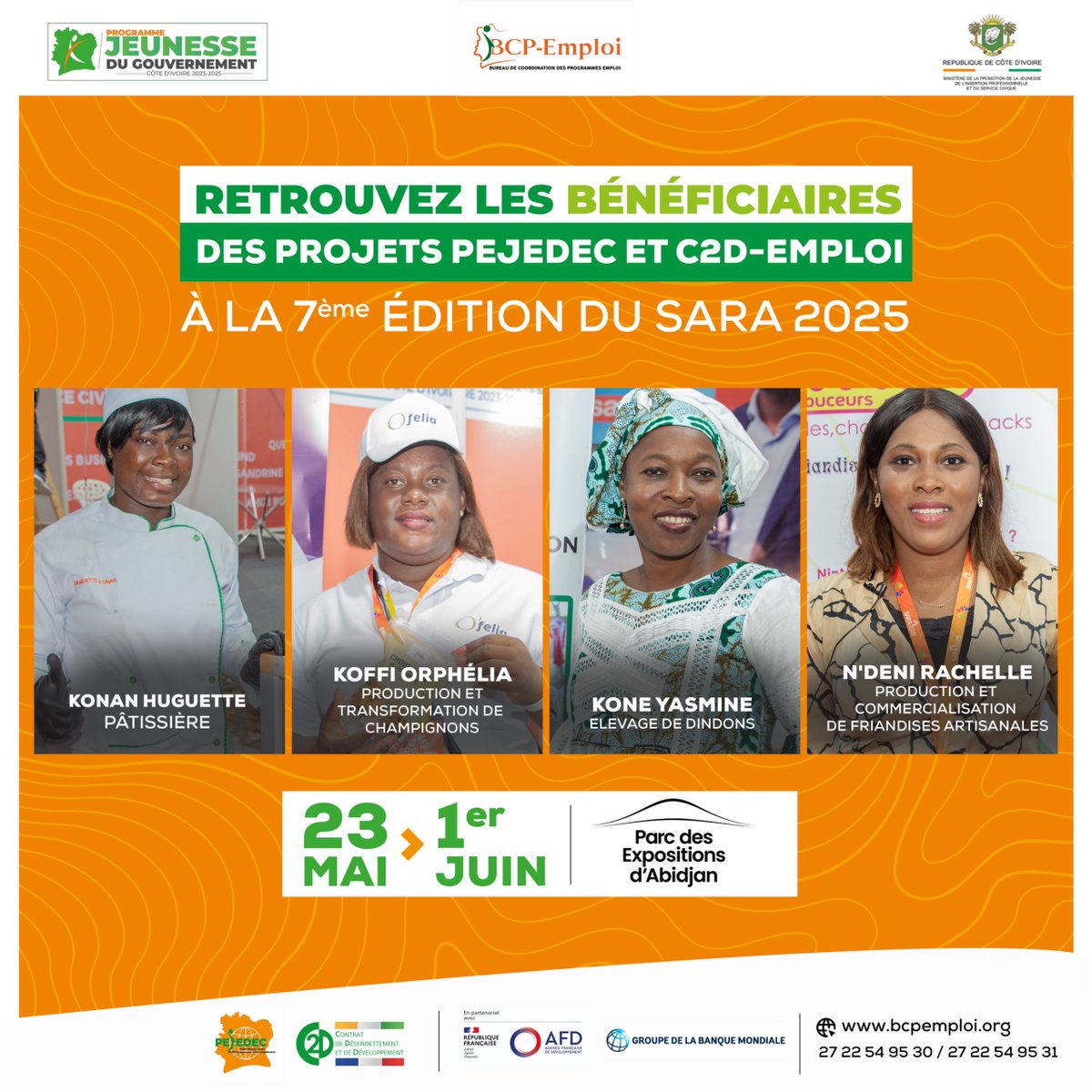 🎉 Venez à la rencontre des bénéficiaires des projets PEJEDEC et C2D-Emploi des Jeunes au #SARA2025, du 23 mai au 1er juin !
🌟 Découvrez leurs spécialités, échangez sur leurs parcours et profitez de ce moment inspirant de partage d’expériences. #PEJEDEC #C2DEMPLOI #SARA2025