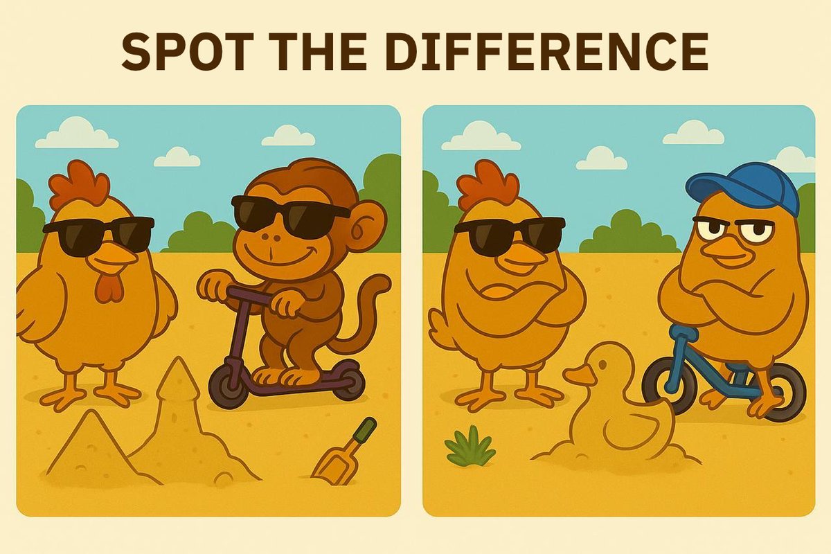 🧠 Spot the difference.

Monsieur found 9.
Prince Cockington claims there are 12 — and insists it’s not just a game.
He believes the structure of internal division is hidden in the details.
Monsieur simply smirks in response.

😐 A cap, some grass, a scooter. What does it all