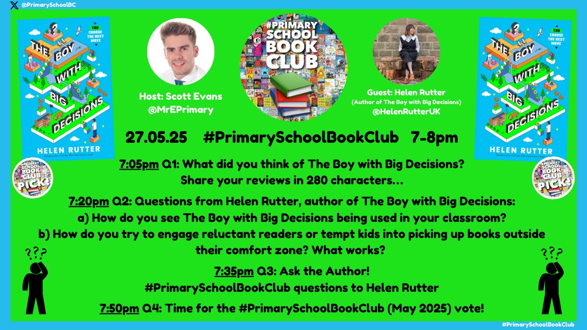 #PrimarySchoolBookClub (@primaryschoolbc) on Twitter photo 📖Ready for book chat that leaps off the page...
1⃣5⃣mins until #PrimarySchoolBookClub📚 with
<a href="/HelenRutterUK/">Helen Rutter</a>, author of #PrimarySchoolBookClub Pick #TheBoyWithBigDecisions🤔
❓Here’s a reminder of Qs!
🔖 Get involved in the #PrimarySchoolBookClub chat from 7pm!
<a href="/scholasticuk/">Scholastic UK</a> 📖Ready for book chat that leaps off the page...
1⃣5⃣mins until #PrimarySchoolBookClub📚 with
<a href="/HelenRutterUK/">Helen Rutter</a>, author of #PrimarySchoolBookClub Pick #TheBoyWithBigDecisions🤔
❓Here’s a reminder of Qs!
🔖 Get involved in the #PrimarySchoolBookClub chat from 7pm!
<a href="/scholasticuk/">Scholastic UK</a>