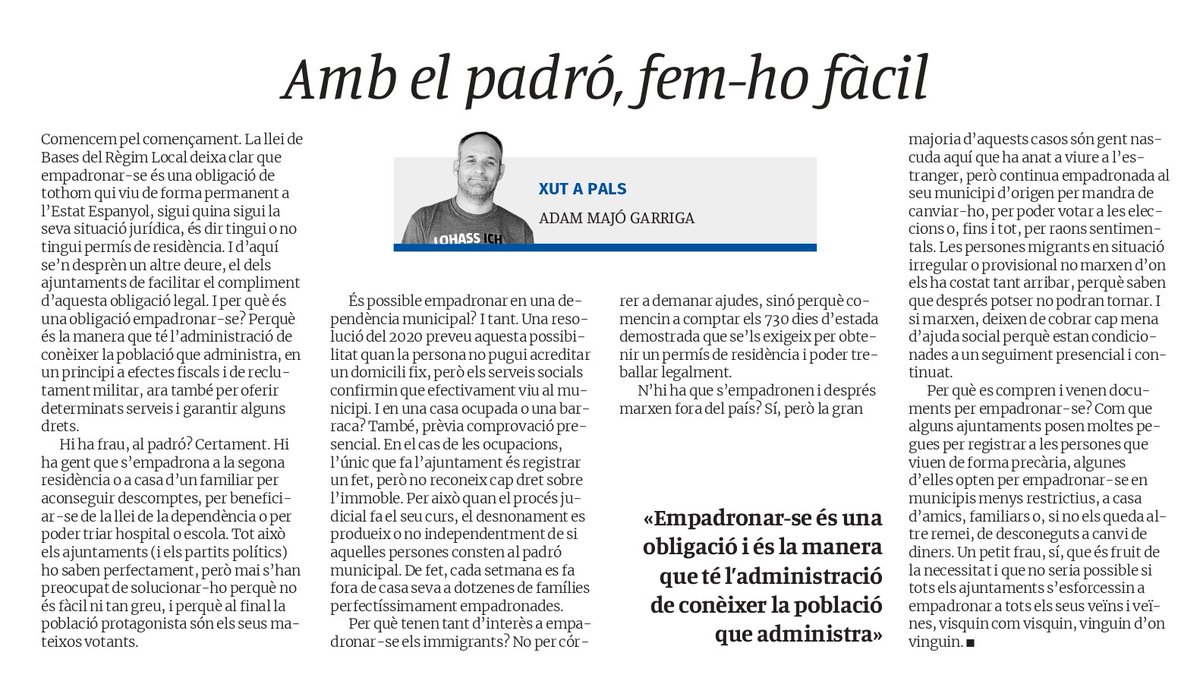 "Per què tenen tant d’interès a empadronar-se els immigrants? No per córrer a demanar ajudes, sinó perquè comencin a comptar els 730 dies d’estada demostrada que se’ls exigeix per obtenir un permís de residència i poder treballar legalment."

regio7.cat/opinio/2025/05… <a href="/diariRegio7/">Regió7.cat</a>