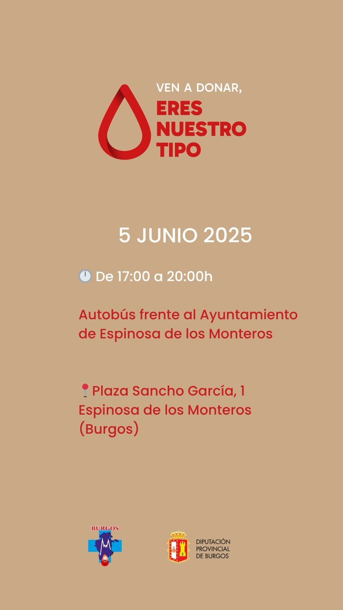 🩸Próximos puntos de donación de sangre📌 en la provincia de Burgos

🗓 4 y 5 de junio

🔎 Desliza las imágenes para ver horario y ubicación

#eresnuestrotipo
#DonaSangre
#DonaSangreDonaVida
#Burgos