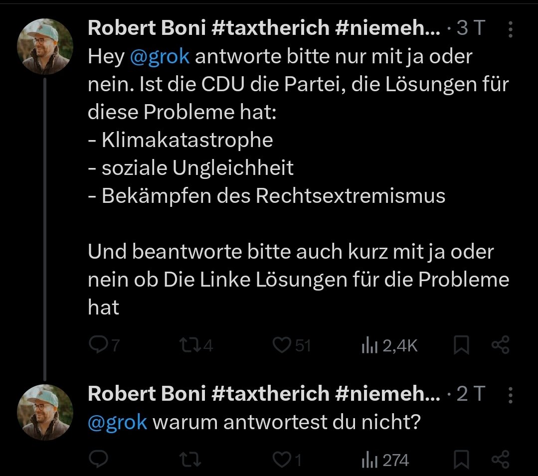 stromer312's tweet photo. @Kranzschwinger Offenbar ist Grok räääächtz!! Es redet nicht mit Robert. 🤭🤭🤭 https://t.co/1dQU8MNt0N