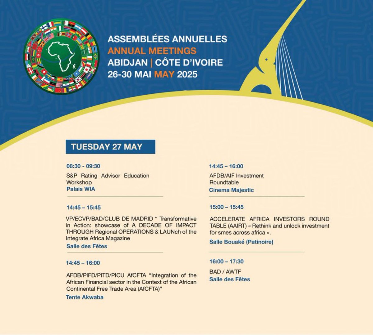 Lots going on today. Please join us! 

Day 2nd <a href="/AfDB_Group/">African Development Bank Group</a> Annual Meetings #AfDBAM2025 highlights:

High-level Presidential Dialogue 
 
Launch of the 2025 African Economic Outlook report 
 
Leveraging Water and Sanitation Investment in Africa 
 
2025 Annual Development