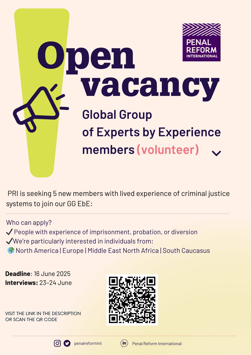 📢 Vacancy!📢
 
PRI is looking for five new members to join our GG EbE. We welcome individuals with personal and practical lived experience of #criminaljustice systems—such as #prison, #probation or #diversion measures. 

👉penalreform.org/about-us/conta…