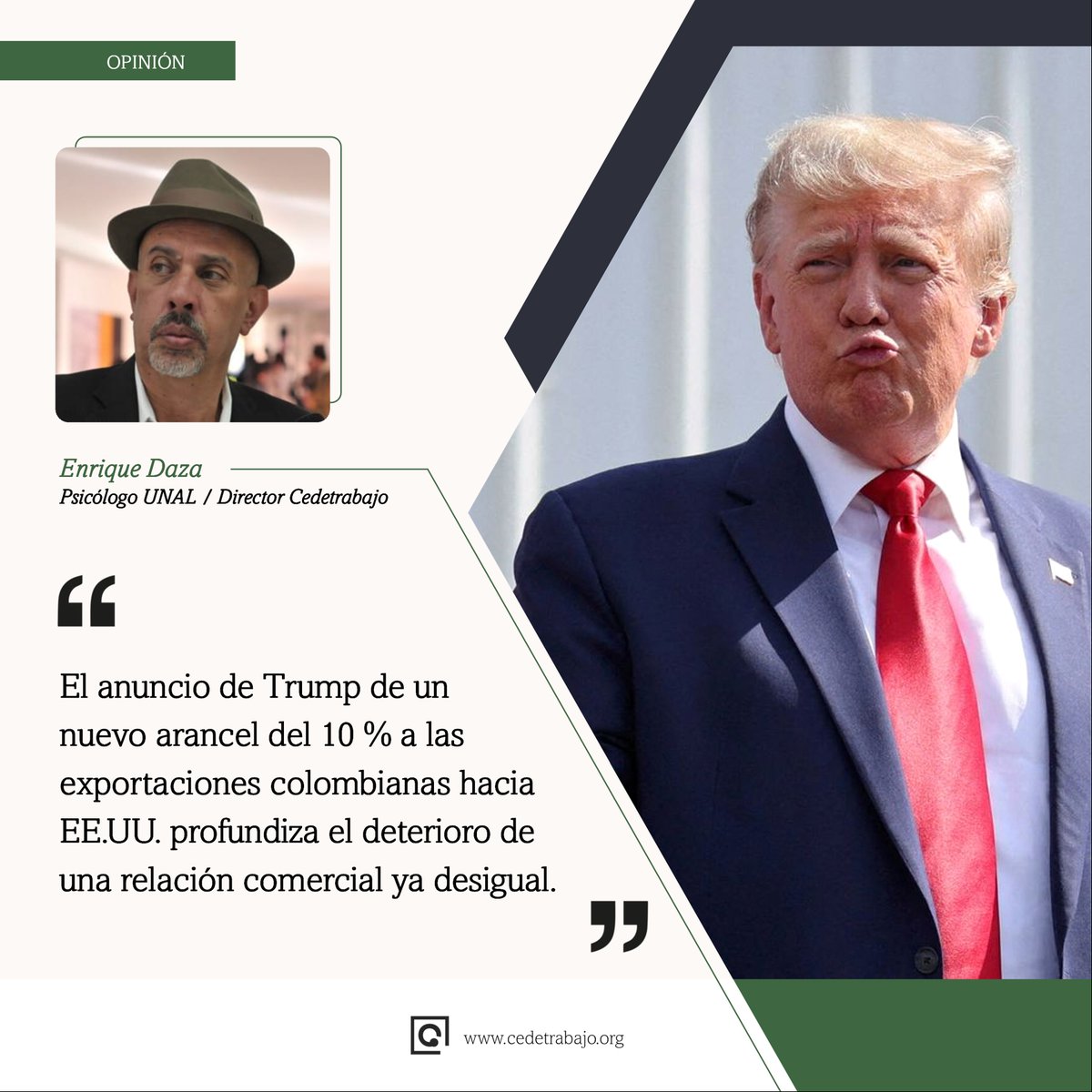 ℹ️ #𝗢𝗽𝗶𝗻𝗶𝗼́𝗻 | Resultados del del #TLC: una relación desigual, un aparato productivo vulnerable y una estructura comercial que limita la soberanía económica.

Por <a href="/EnriqueDazaG/">Enrique Daza G.</a>, director de Cedetrabajo.

📌 Artículo cedetrabajo.org/aranceles-de-t…

📤 Mira, comenta y comparte.