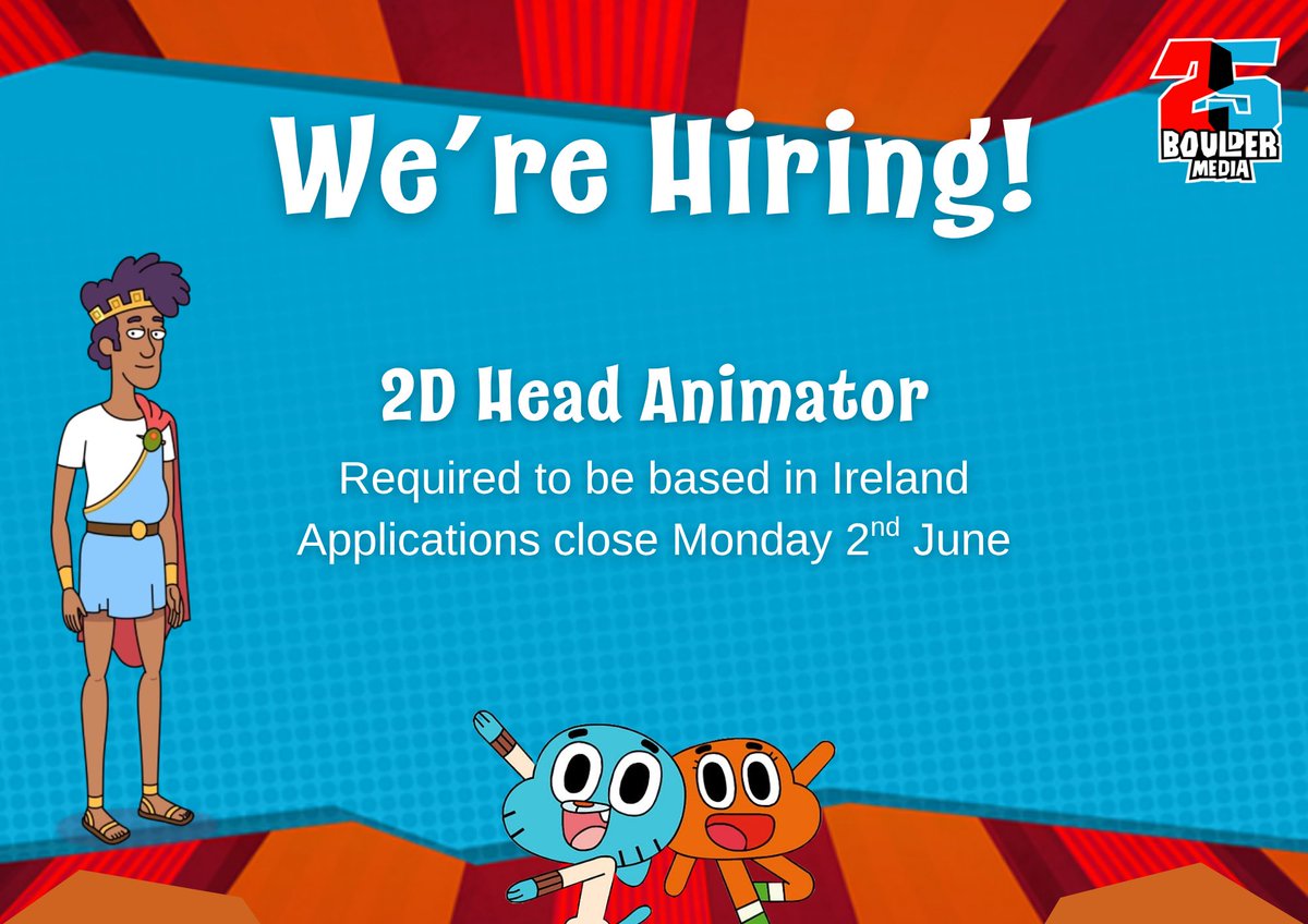 Boulder Media (@bouldermedialtd) on Twitter photo We're Crewing up! 😎 
We have an exciting opportunity available for a 2D Head Animator. 
Please note eligible candidates should be based in Ireland and the application portal will close for submissions on June 2nd.
Apply through this link: lnkd.in/etkJRxBW
Good luck! We're Crewing up! 😎 
We have an exciting opportunity available for a 2D Head Animator. 
Please note eligible candidates should be based in Ireland and the application portal will close for submissions on June 2nd.
Apply through this link: lnkd.in/etkJRxBW
Good luck!