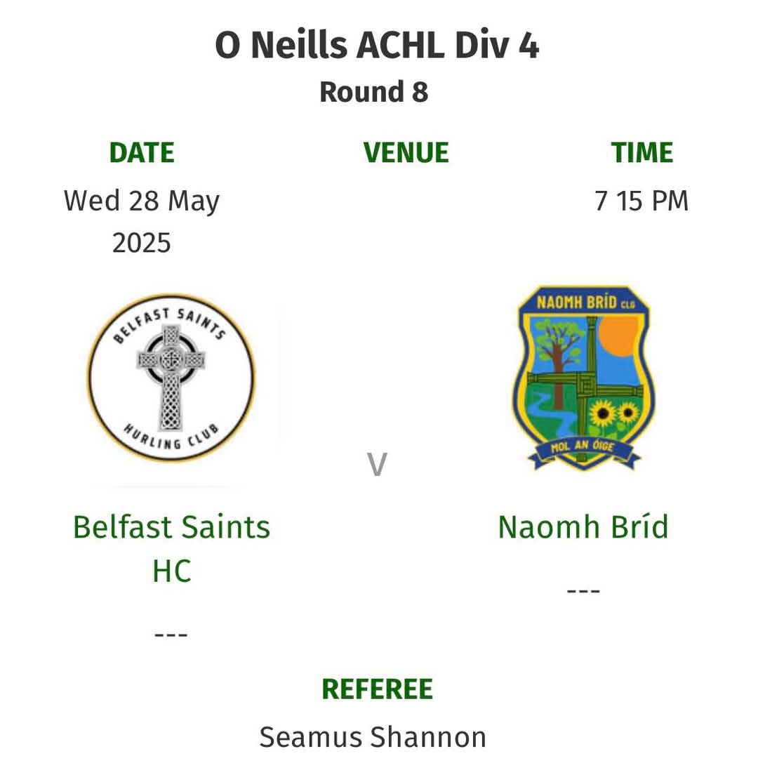Our Senior Hurlers with Belfast Saints play Naomh Bríd on Wednesday evening at home, 7.15pm throw in. 

All support welcome!