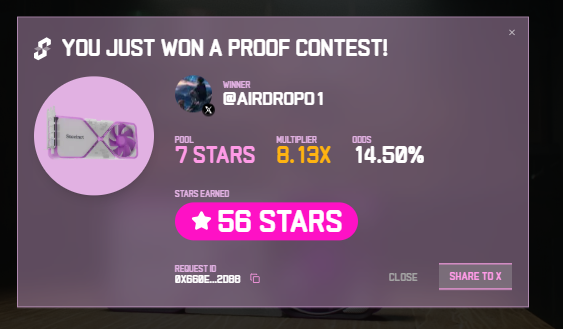 AirdropO1's tweet photo. I just won 56 stars in the Succinct Stage 2 Proof Contest! Prove with us @SuccinctLabs #ProveWithUs https://t.co/hyZQ4oVPBG