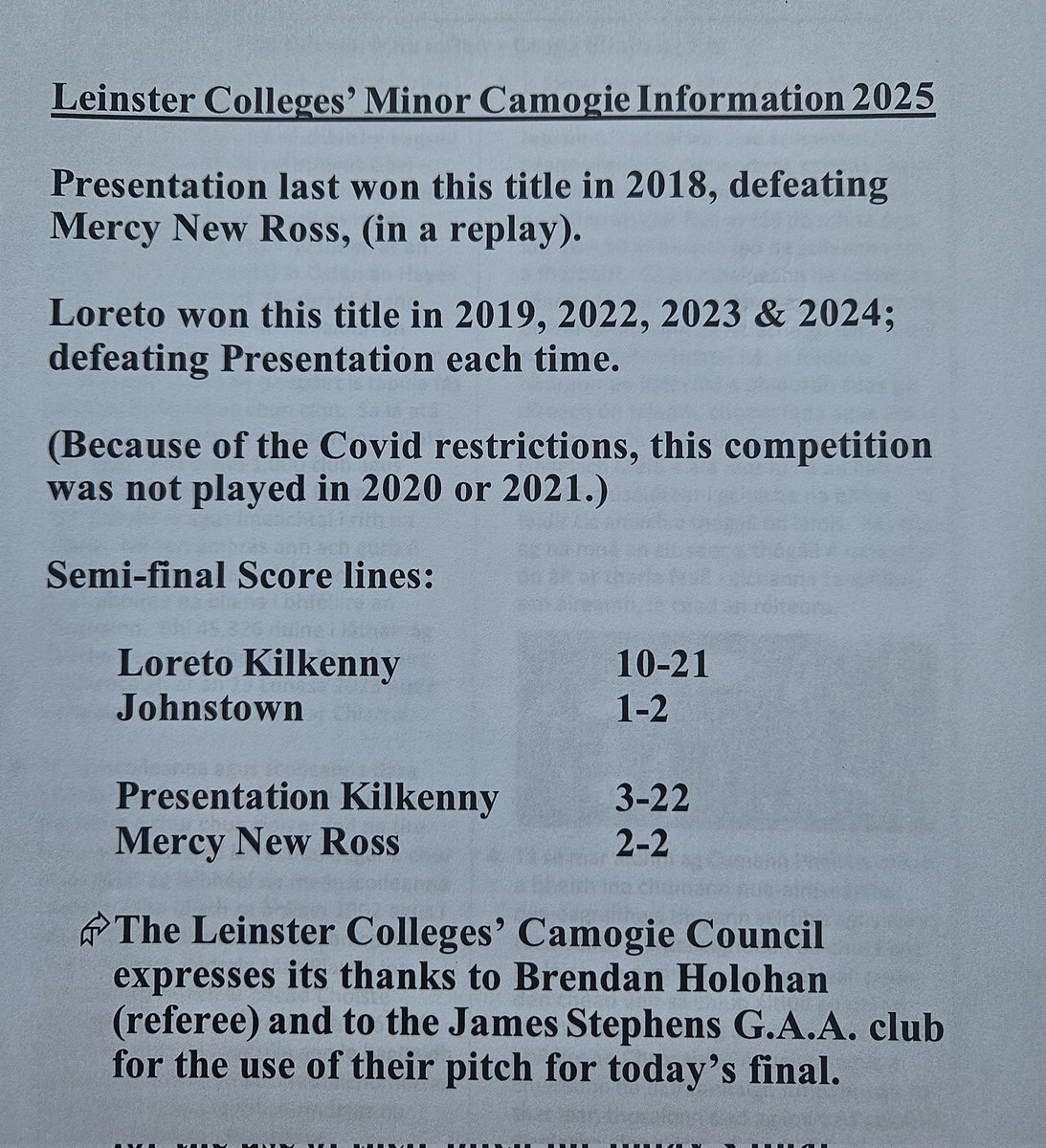 Leinster PP Schools Minor A Camogie Final Result 2025:
Presentation Kilkenny 3-7
Loreto Kilkenny 1-5