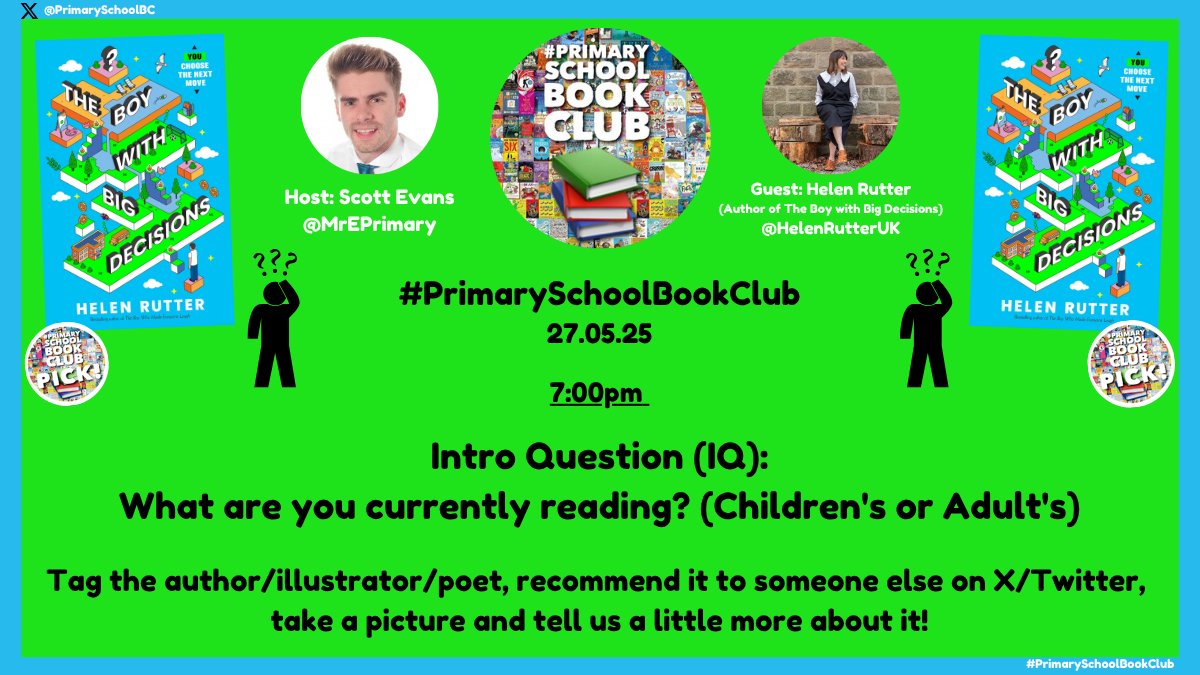 #PrimarySchoolBookClub (@primaryschoolbc) on Twitter photo Welcome to #PrimarySchoolBookClub!
😃I’m <a href="/MrEPrimary/">Scott Evans | The Reader Teacher®</a>, your host.
👋Say hi to <a href="/HelenRutterUK/">Helen Rutter</a>, author of #PrimarySchoolBookClub Pick #TheBoyWithBigDecisions🤔
Tonight’s Qs soon but first, Intro Question (IQ)!
IQ:What are you reading?
📸Take a photo&tag the author!
<a href="/scholasticuk/">Scholastic UK</a> Welcome to #PrimarySchoolBookClub!
😃I’m <a href="/MrEPrimary/">Scott Evans | The Reader Teacher®</a>, your host.
👋Say hi to <a href="/HelenRutterUK/">Helen Rutter</a>, author of #PrimarySchoolBookClub Pick #TheBoyWithBigDecisions🤔
Tonight’s Qs soon but first, Intro Question (IQ)!
IQ:What are you reading?
📸Take a photo&tag the author!
<a href="/scholasticuk/">Scholastic UK</a>