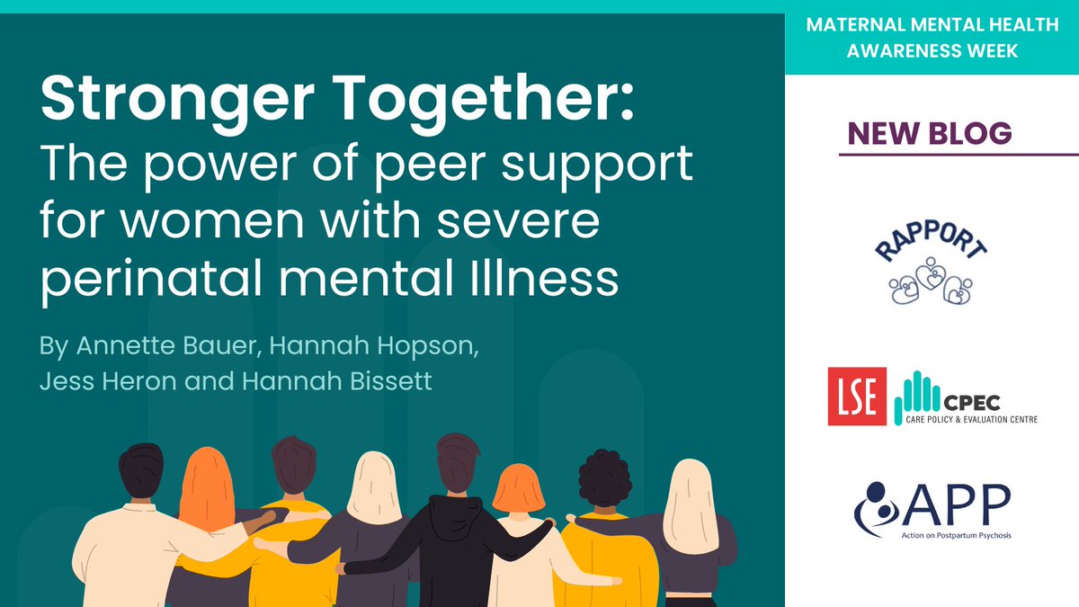 Care Policy and Evaluation Centre (@cpec_lse) on Twitter photo NEW BLOG on the power of peer support for women with severe perinatal mental Illness 👐
This #MaternalMentalHealthAwarenessWeek, <a href="/a_annettemaria/">Annette Bauer</a>, <a href="/WrightHL94/">Hannah Hopson (née Wright)</a>, Jess Heron + <a href="/spannerb79/">Hannah Bissett</a> share insights from the #RAPPORT study.
READ NOW:👉 lse.ac.uk/cpec/news/Mate…
<a href="/ActionOnPP/">Action on Postpartum Psychosis</a> NEW BLOG on the power of peer support for women with severe perinatal mental Illness 👐
This #MaternalMentalHealthAwarenessWeek, <a href="/a_annettemaria/">Annette Bauer</a>, <a href="/WrightHL94/">Hannah Hopson (née Wright)</a>, Jess Heron + <a href="/spannerb79/">Hannah Bissett</a> share insights from the #RAPPORT study.
READ NOW:👉 lse.ac.uk/cpec/news/Mate…
<a href="/ActionOnPP/">Action on Postpartum Psychosis</a>