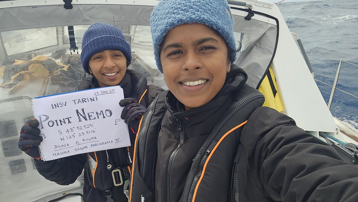 PIB_India's tweet photo. The Indian Navy to welcome the triumphant crew of Navika Sagar Parikrama II on successful completion of circumnavigation of the Globe onboard Indian Naval Sailing Vessel #Tarini

Accomplishing this rare feat in double-handed mode, Lt Cdr Roopa A and Lt Cdr Dilna K are set to touch the shores of Goa on 29th May 2025

This extraordinary sailing expedition was flagged off from Naval Ocean Sailing Node, Goa on 2nd October 2024

Over a period of eight months, the Naval duo covered a distance of 25,400 nm (approx 50,000km) across four continents, three oceans and three Great Capes, braving extreme weather conditions and challenging seas relying solely on sails and wind power

Read here: https://t.co/6Hzu7LpE7x 

@SpokespersonMoD @indiannavy