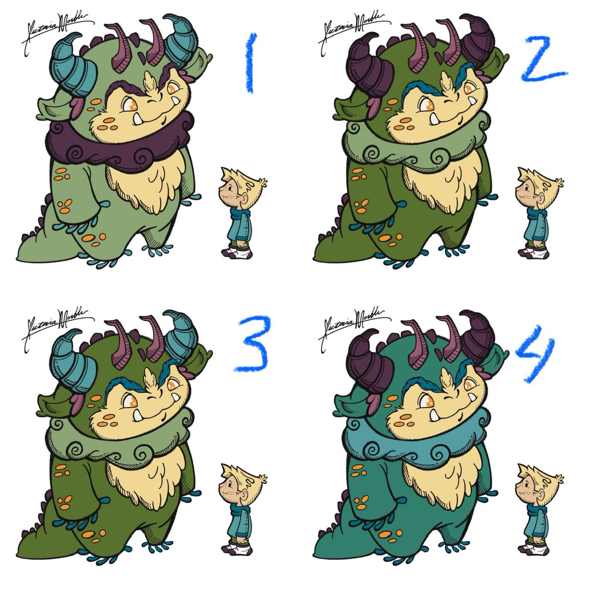 victoria_marble's tweet photo. I took votes on the eyes, now I want your opinion on color 🎨 Also, would you like to see these characters in their own story? If I were to Kickstart my first #selfpub work, would I have backers? #kidlitart #characterdesign #wip #monsterbook #kickstarter #indiebooks https://t.co/1NscAgf6rK
