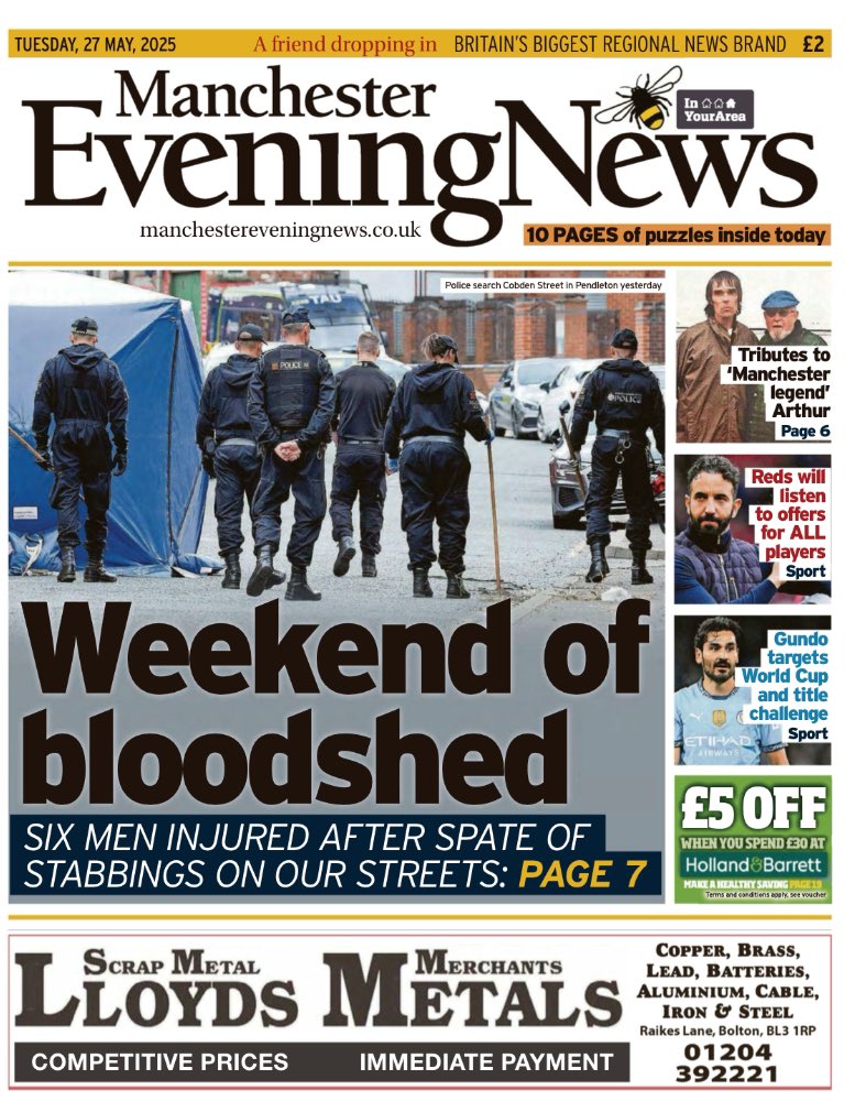 cfbcity_'s tweet photo. Todayβs Manchester Evening News front page:
Weekend of bloodshed
#Manchester #frontpagestoday #ukpapers #TomorrowsPapersToday https://t.co/LYFoTGUmV8