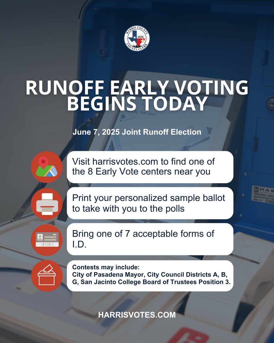 Early Voting is HERE for the June 7 Joint Runoff Election! 🗓️
Live in Pasadena or the San Jacinto College District? You may have races on your ballot!
📍 View your sample ballot at harrisvotes.com/Voter/Whats-on…
🗳️ #HarrisVotes #runoffelection