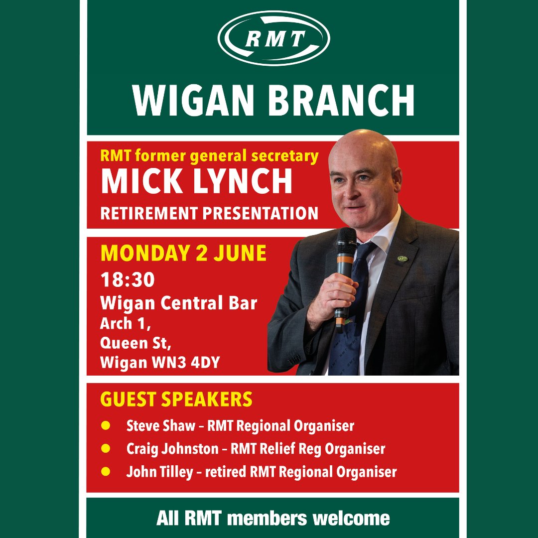 📢 Calling all <a href="/RMTunion/">RMT</a> members
Open invitation from Wigan Branch
🗓️ Monday, June 2, 2025
⏰ 18:30