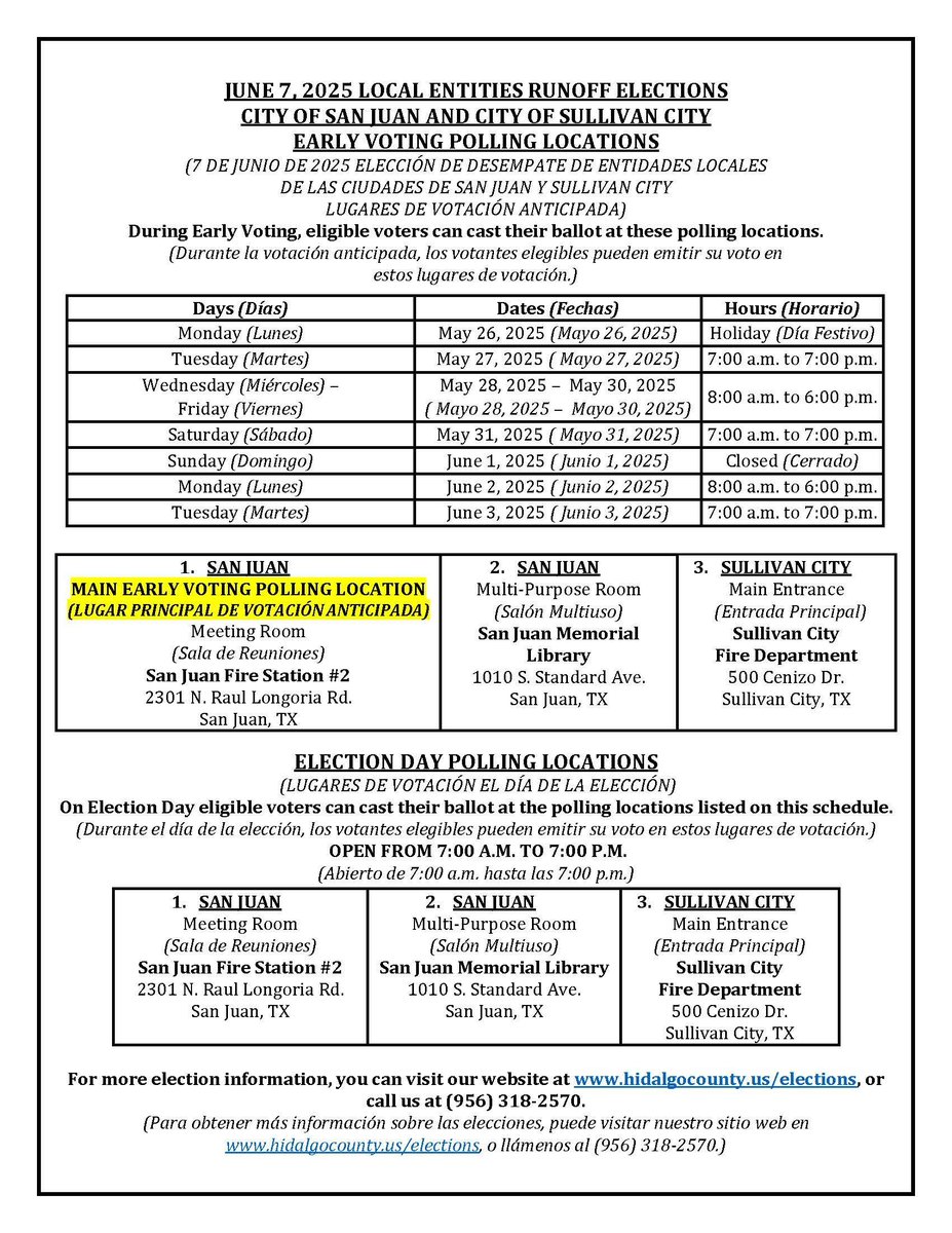 📢 Early Voting starts today, Tuesday, May 27, 2025 for the June 7, 2025 Local Entities Runoff Elections!

🖱️ For more information, visit our website at: bit.ly/4krq5EP

☎️ For more information give us a call at: 956-318-2570.