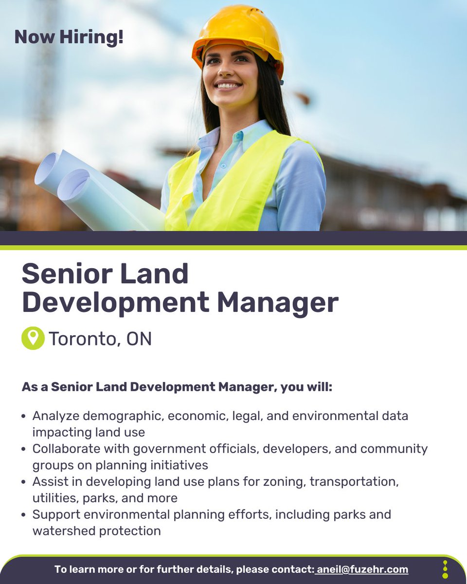 FuzeHR's tweet image. Our client, a prestigious real estate developer in Toronto, is seeking a Sr. Development Manager.

Find out more about the position here:
ow.ly/2p6k50VWx38

#LandDevelopment #RealEstateDevelopment #TorontoJobs #NowHiring #SeniorPlanner #Recruitment #Staffing #FuzeHR
