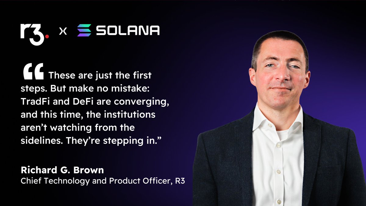 R3 (@inside_r3) on Twitter photo The convergence of public and private blockchains is here – powered by <a href="/inside_r3/">R3</a> and the <a href="/SolanaFndn/">Solana Foundation</a>.
After last week’s announcement, our CPTO Richard G Brown (<a href="/gendal/">Richard Gendal Brown</a>) explains how this collaboration is transforming capital markets and what it means for the entire industry. The convergence of public and private blockchains is here – powered by <a href="/inside_r3/">R3</a> and the <a href="/SolanaFndn/">Solana Foundation</a>.
After last week’s announcement, our CPTO Richard G Brown (<a href="/gendal/">Richard Gendal Brown</a>) explains how this collaboration is transforming capital markets and what it means for the entire industry.