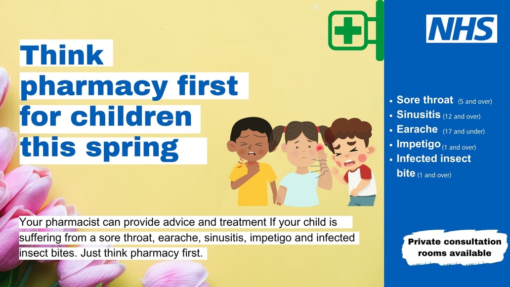 Think Pharmacy First for children this spring 🍃

Your local pharmacist can provide advice and treatment if your child is suffering from a number of selected ailments.

📲 For more information, go to orlo.uk/K7X38