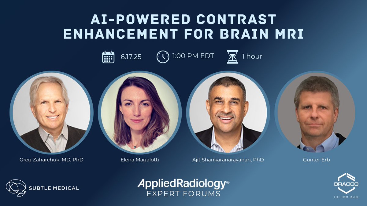 AppliedRadiology (@applied_rad) on Twitter photo 📢 New webinar!
🔗 Get all of the details and register here: bit.ly/3SHgwWn
Join a panel of experts from <a href="/SubtleMedical/">Subtle Medical, Inc.</a> and #BraccoImaging to discuss AI-Powered Contrast Enhancement for Brain MRI
#RadEd #MedEd #AI #NeuroMRI #NeuroRad 📢 New webinar!
🔗 Get all of the details and register here: bit.ly/3SHgwWn
Join a panel of experts from <a href="/SubtleMedical/">Subtle Medical, Inc.</a> and #BraccoImaging to discuss AI-Powered Contrast Enhancement for Brain MRI
#RadEd #MedEd #AI #NeuroMRI #NeuroRad