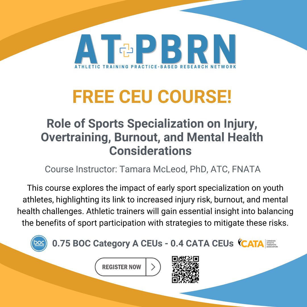 ⚠️ Youth athletes are at growing risk for burnout, injury, and mental health challenges due to early sport specialization.

This free CEU course explores how ATs can help them balance performance goals with long-term well-being.
 
#MentalHealthAwarenessMonth #FreeCEUs #ATPBPRN