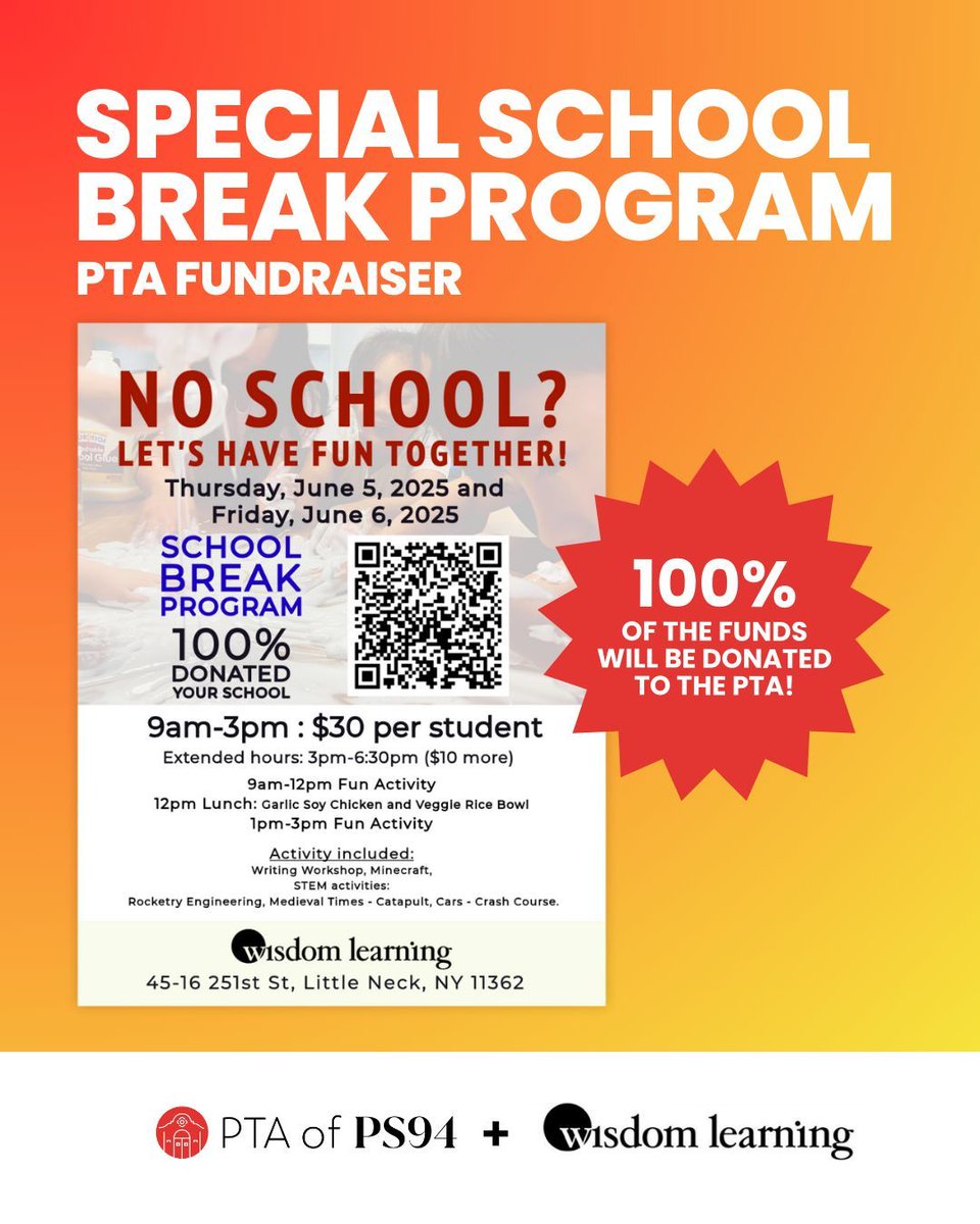 PTA of PS94Q (@ptaofps94q) on Twitter photo Wisdom Learning & PS94 PTA are partnering up for a 2-day special program June 5-6, 2025! 100% of proceeds go to our kids' education & a local business. Sign up now! buff.ly/Ln2lyr9
<a href="/PS94DavidPorter/">PS94 David D Porter</a> <a href="/94QDavidDPorter/">Laura Avakians</a> Wisdom Learning & PS94 PTA are partnering up for a 2-day special program June 5-6, 2025! 100% of proceeds go to our kids' education & a local business. Sign up now! buff.ly/Ln2lyr9
<a href="/PS94DavidPorter/">PS94 David D Porter</a> <a href="/94QDavidDPorter/">Laura Avakians</a>
