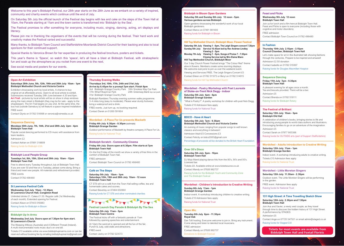 BiddFestival's tweet photo. Here's what you can expect at this year's Biddulph Festival! 
This year offers something for everyone including music, singing, dancing, acting, art displays and literacy. 

Our festival parade kicks off on Saturday 5th July. 🎉

#biddulphfestival #space #biddulph https://t.co/TSaoBA3rcN