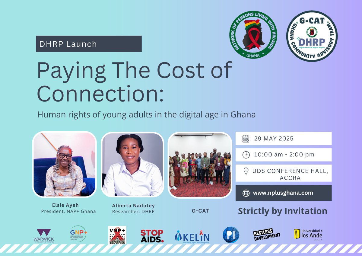 📣 Join us for the Ghana launch of "Paying The Cost of Connection" 📱💬
Exploring the human rights of young adults in the digital age.

🗓 29 May 2025
🕙 9:00 am – 2:00 pm
📍 UDS Conference Hall, Accra
#DigitalRights #YouthVoices #DHRP #Ghana #HumanRights

Strictly by invitation