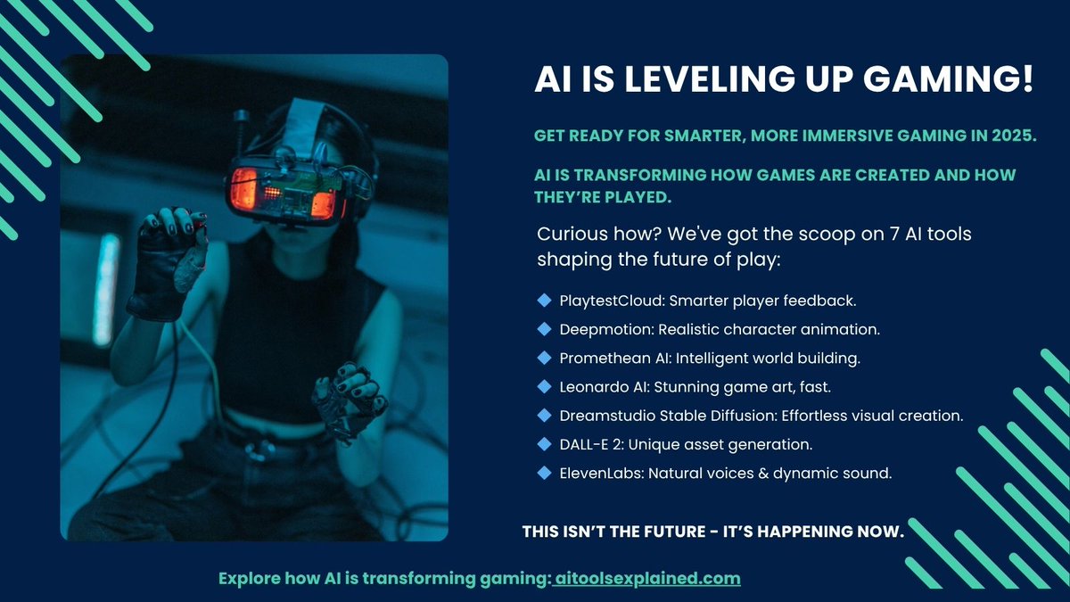 AIToolsX's tweet photo. AI is leveling up gaming!
Smarter feedback, stunning art, lifelike sound, this isn’t the future, it’s happening now.
Discover 7 AI tools shaping the future of play in 2025. Visit: https://t.co/a2NweyKB9x
#AIGaming #Gaming2025 #AITools #AIToolsExplained https://t.co/LoyOjNBLeW