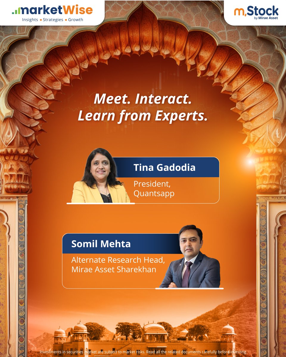 mstock_in's tweet photo. From market cycles to investment strategies, our speakers bring deep domain expertise and real-world perspectives.
Don’t miss out. Register now to be a part of MarketWise, the flagship event of m.Stock.
👉https://t.co/YE8J5uVdcR
#MarketWise #Jaipur #InvestorMeet #StockMarket #mStock #MiraeAsset