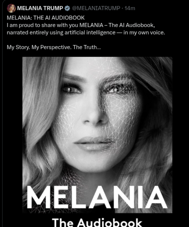 8RoaringLion8's tweet photo. 🚨 JUST IN:
Melania just dropped something BIG.
She’s releasing “MELANIA - The AI Audiobook,” entirely narrated using artificial intelligence.. in her own voice.
MELANIA is a bigger project than we think.
#MelaniaAI #AIAudiobook #crypto #melania #trump #altcoins #meme #ai https://t.co/H9ktCIF4Bk