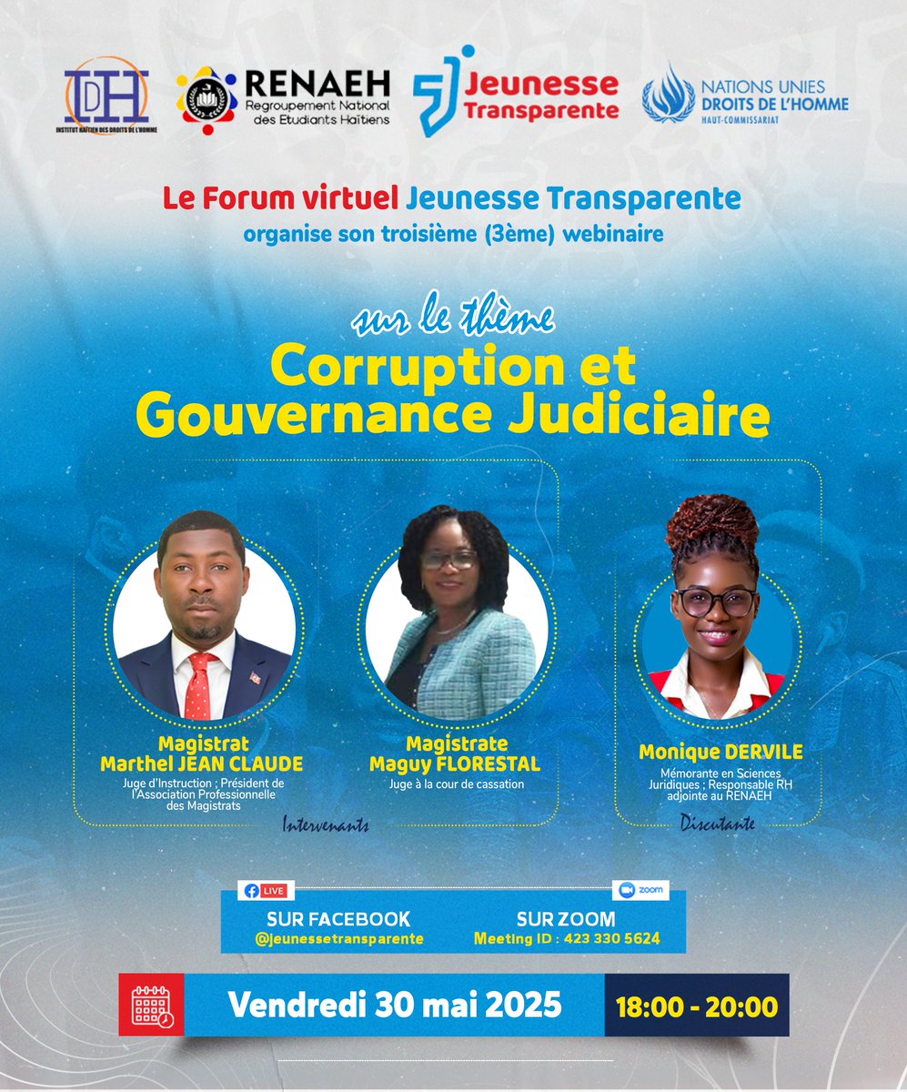 JeunesseTransp's tweet photo. Jeunesse Transparente vous invite à son 3ème webinaire sur le thème : "Corruption et Gouvernance Judiciaire”.
Rejoignez-nous à ce webinaire, ce vendredi 30 mai 2025 à 6h PM.
Remplissez le formulaire pour votre participation https://t.co/eFpWtyHLO9 https://t.co/IOCXeNQcu3