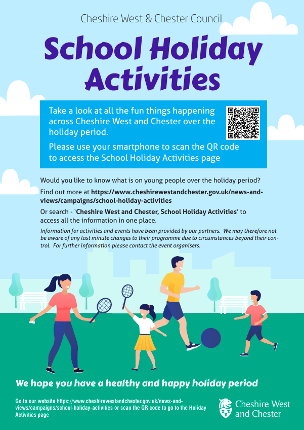 🎉 Looking for fun things to do this school holiday?

Check out all the great activities happening across Cheshire West and Chester! From sports to crafts and more, there’s something for everyone.

📱 Scan the QR code or visit:
👉 cheshirewestandchester.gov.uk/news-and-views…