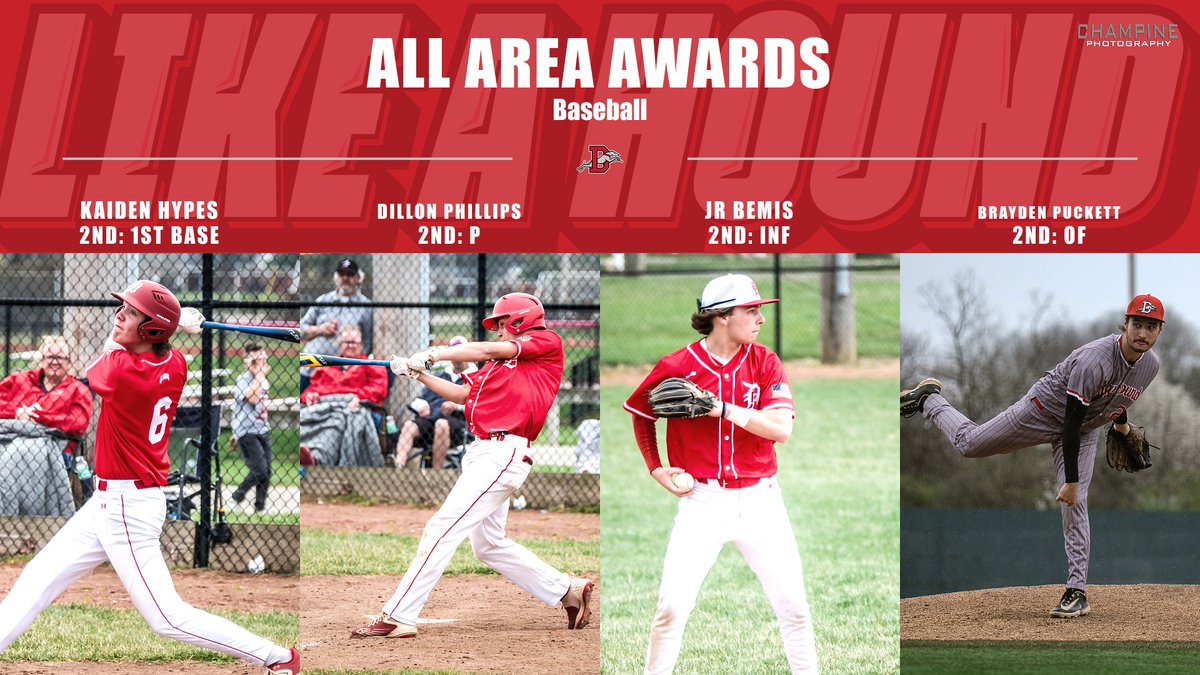 CONGRATULATIONS! Kaiden Hypes (2nd: 1st base), Dillon Phillips (2nd: Pitcher), JR Bemis (2nd: INF), Brayden Puckett (2nd: OF) for being chosen for the All Area Team.