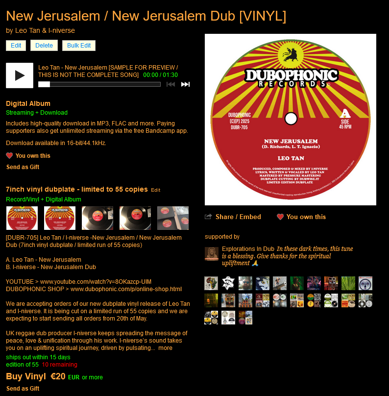 NEW JERUSALEM #dubplates still available but stock running low!!!t❤️💛💚LIMITED RUN / 55 COPIES on #7inch #polyvinyl ONLY 10 LEFT on #Bandcamp  Produced by I-niverse with <a href="/LeoTann/">Leo Tan - Melodyman</a> on the vocals 🔥GRAB YOUR COPY NOW: dubophonic.bandcamp.com/album/new-jeru…✅ #dubophonic #reggae #rootsreggae #dub
