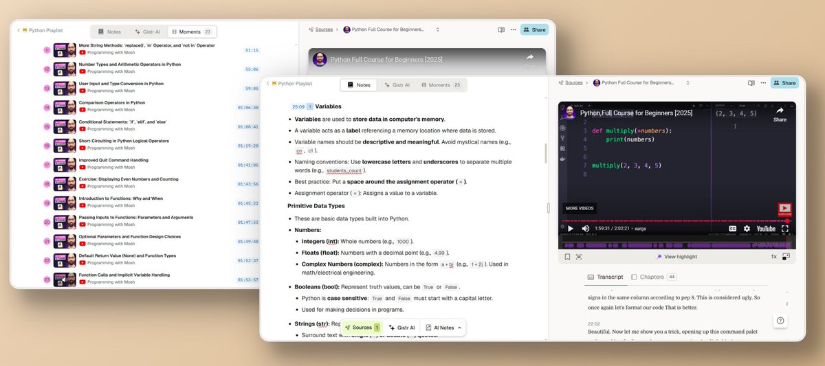_Anish__Kumar's tweet image. I’ve created concise, clean notes from @moshhamedani popular Python YouTube tutorial perfect for quick revision and beginners.
Created Using Gistr
Link below 👇
#Python #100DaysOfCode #PythonNotes #DevCommunity #CodeNewbie #Gistr #MoshHamedani #LearnToCode #PythonForBeginners
